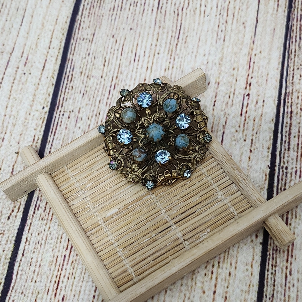 Vintage Czech Art Deco Glass Filigree Brooch